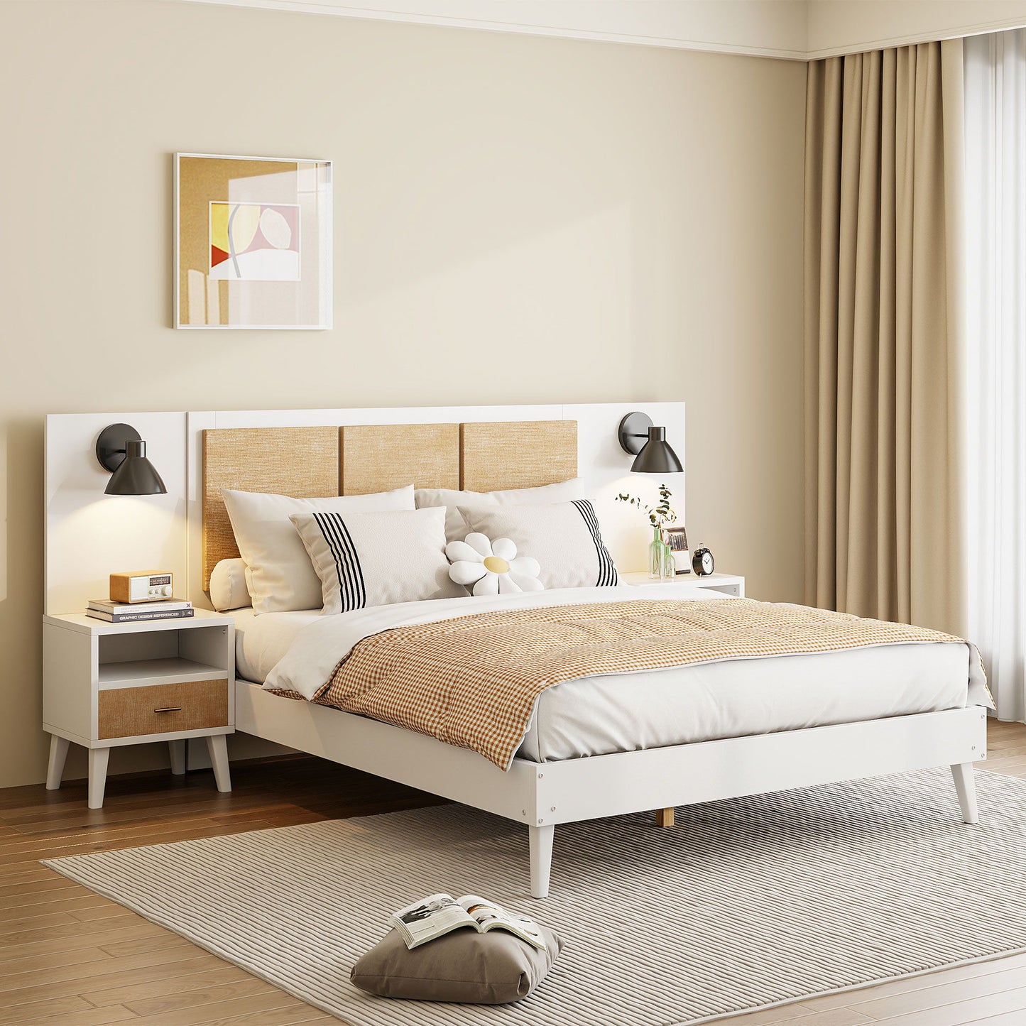 Bed Frame With 2 Nightstands Elegant Design With Lamps