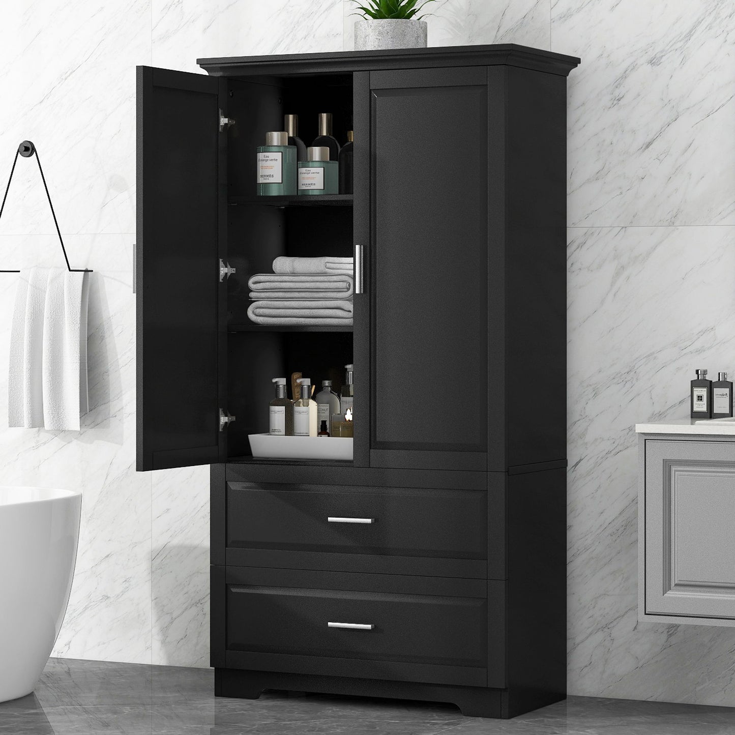 Tall Bathroom Storage Cabinet, Cabinet With 2 Doors And Drawers, Adjustable Shelf