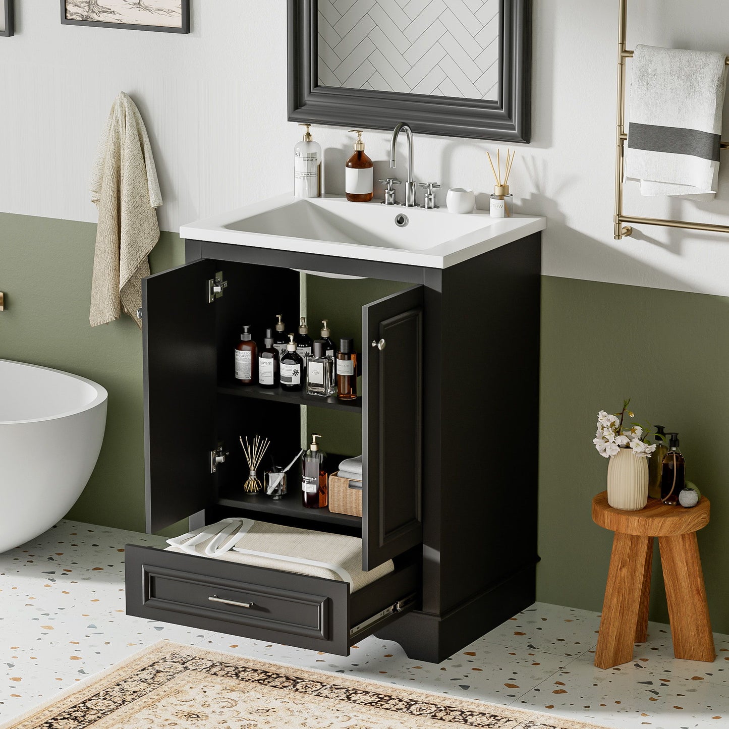 Bathroom Vanity With Ceramic Sink Combo, Modern Freestanding Storage Cabinet With Silver Handles