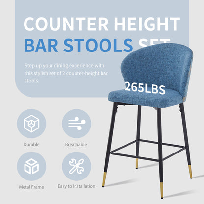 Counter Height Bar Stools (Set of 2), Jacquard Upholstered, Metal Footrest