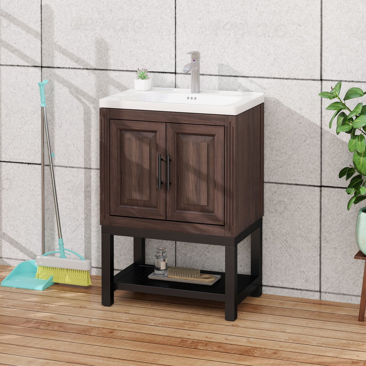 Modern Freestanding Bathroom Vanity With Ceramic Sink, Hot And Cold Faucet, Storage Cabinet & Open Shelf