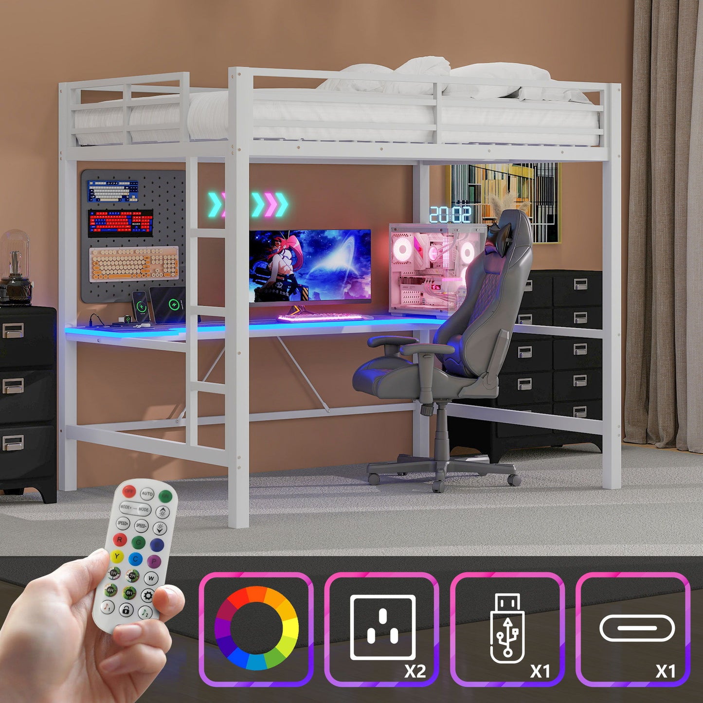 Gaming Metal Loft Bed Frame With LED Light, USB Charge Station And Desk
