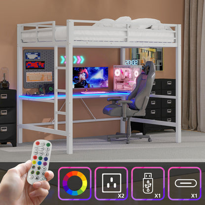 Gaming Metal Loft Bed Frame With LED Light, USB Charge Station And Desk