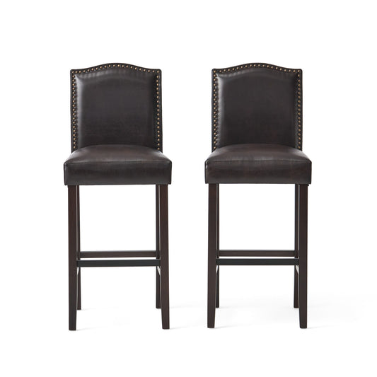 Bar Stools (Set of 2), Upholstered Barstools Armless, Rubber Wood Leg - Brown