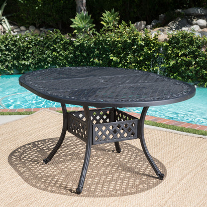 Outdoor Expandable Aluminum Dining Table With Latticework Details And Curvy Legs