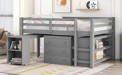 Loft Low Study Bed With Cabinet, Shelves And Rolling Portable Desk, Multiple Functions
