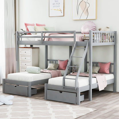 Triple Bunk Bed With Drawers And Guardrails