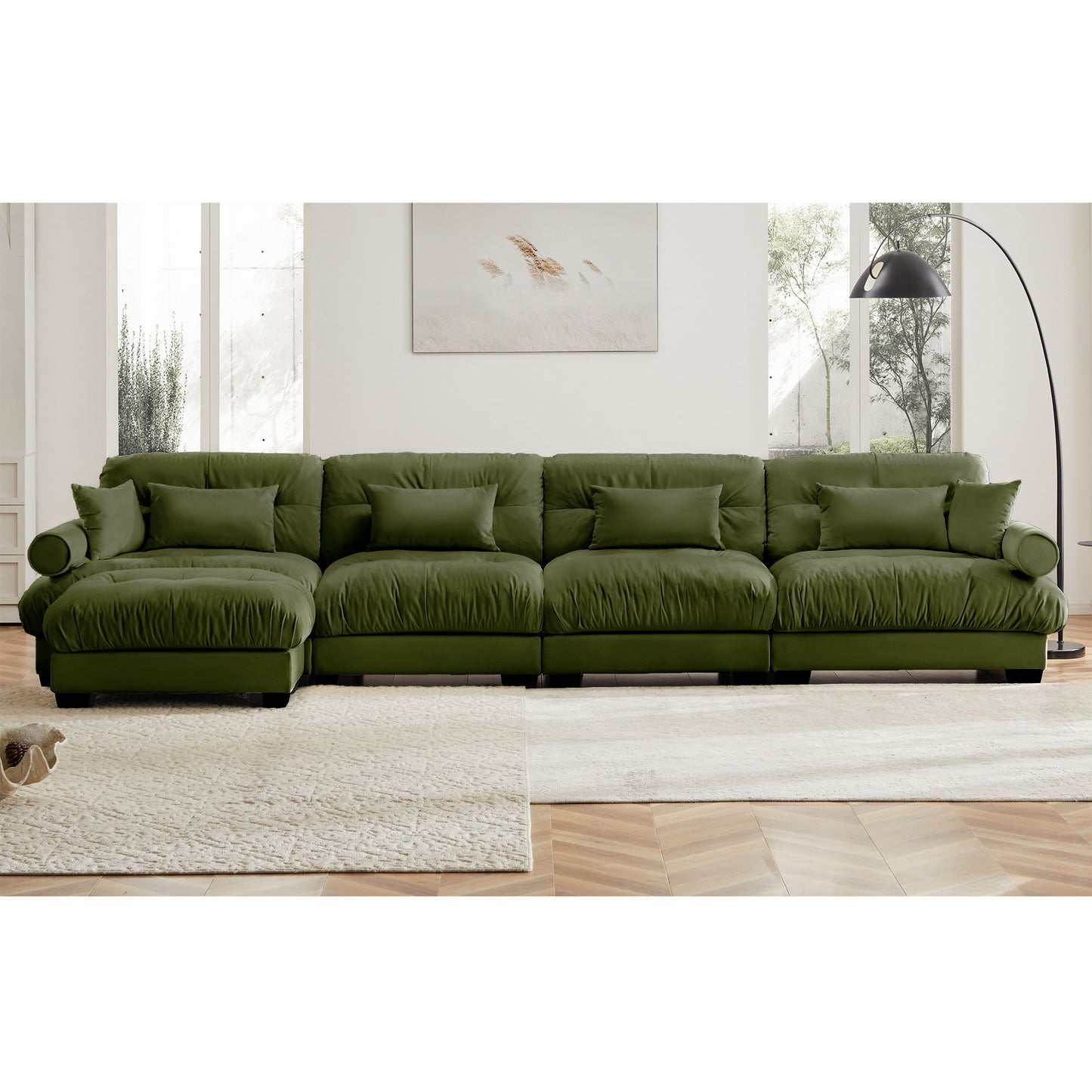 Modern Sectional Sofa With Ottoman, Round Bolster Armrests, Waist And Throw Pillows