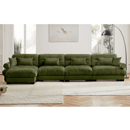 Modern Sectional Sofa With Ottoman, Round Bolster Armrests, Waist And Throw Pillows