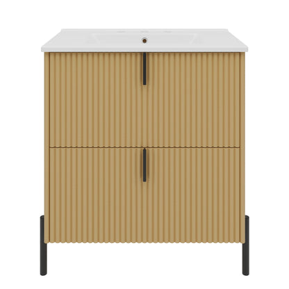 Fluted Bathroom Vanity With Ceramic Sink, Freestanding Design