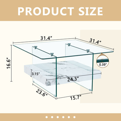 Modern 2 Tier Square Coffee Table, Elegant Marble Pattern