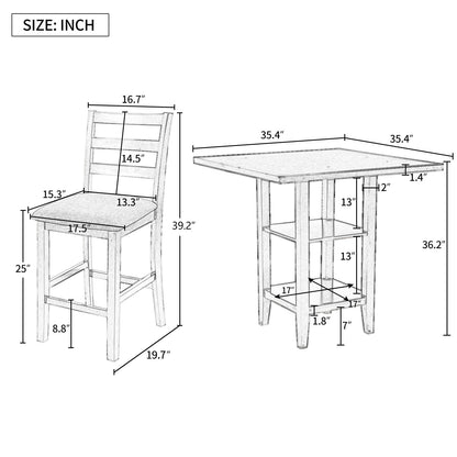 5 Piece Wooden Counter Height Dining Set With Padded Chairs, Storage Shelving
