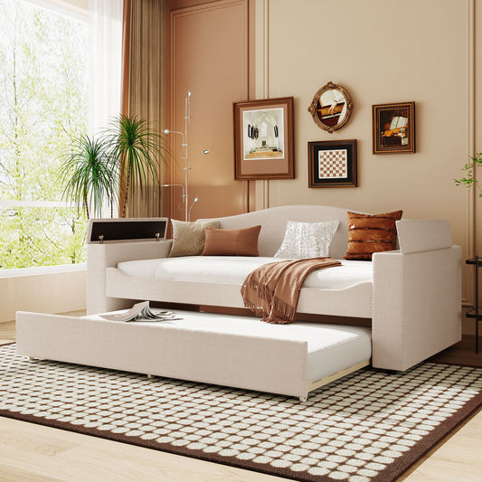 Upholstered Daybed With Storage Armrests, Trundle And Latest Integrated Bluetooth Audio System