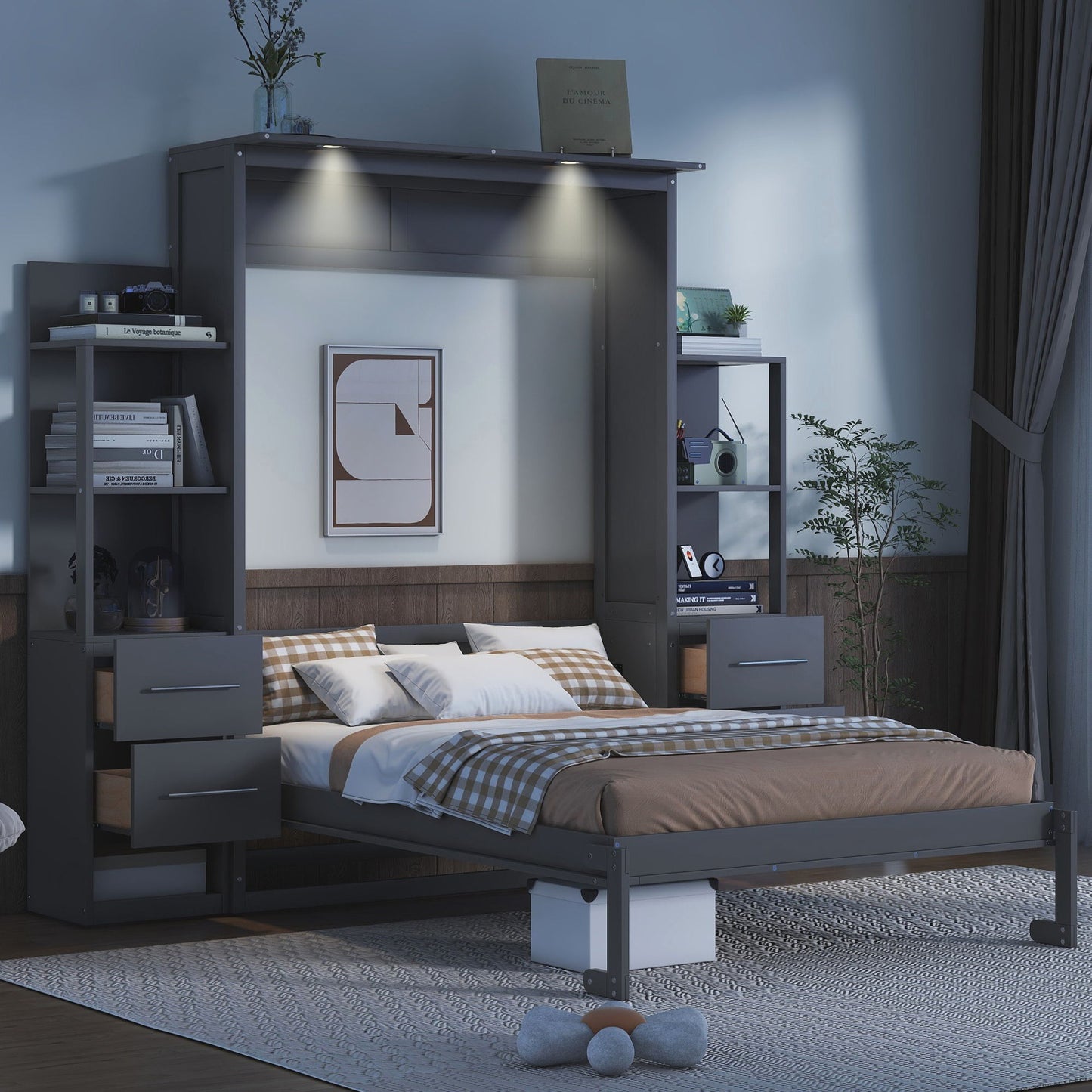 Murphy Wall Bed With Shelves, Drawers And LED Lights