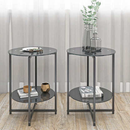 JWS Tempered Glass End Table (Set of 2), Round Coffee Table For Bedroom Living Room Office - Black