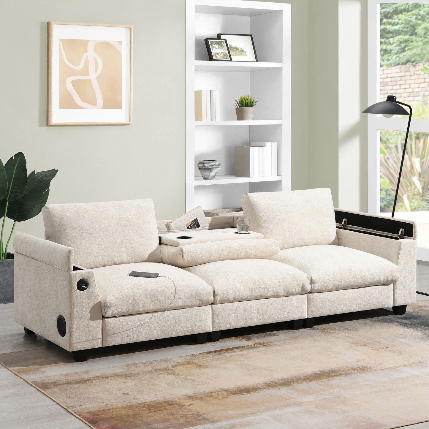 Sectional With Bluetooth Speaker Comfy Cloud Couch Set With Drop Down Table Cup Holders, USB Charger Storage Armrest Wide Seat Sofa