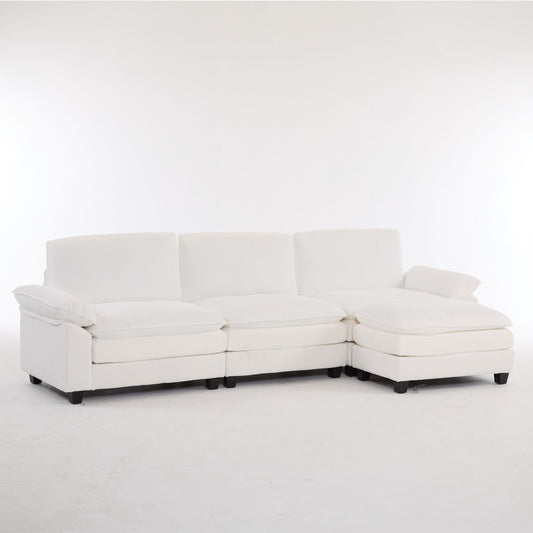 Modular L Shaped Corduroy Sectional Sofa With Removable Ottoman, Upholstered Sofa With Supportive Foam For Living Room - Beige