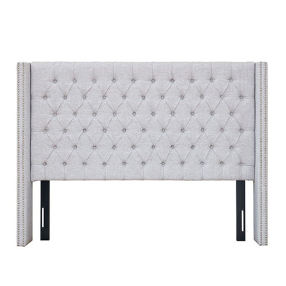 Queen Size Upholstery Headboard With Tufted Buttons And Nailhead Trim - Gray