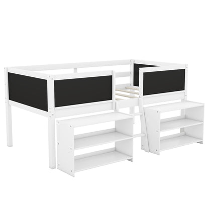 Low Loft Bed With Movable Shelves And Ladder, Decorative Chalkboard Guardrail