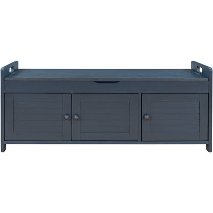 Storage Bench With 3 Shutter-Shaped Doors, Shoe Bench With Removable Cushion And Hidden Storage Space