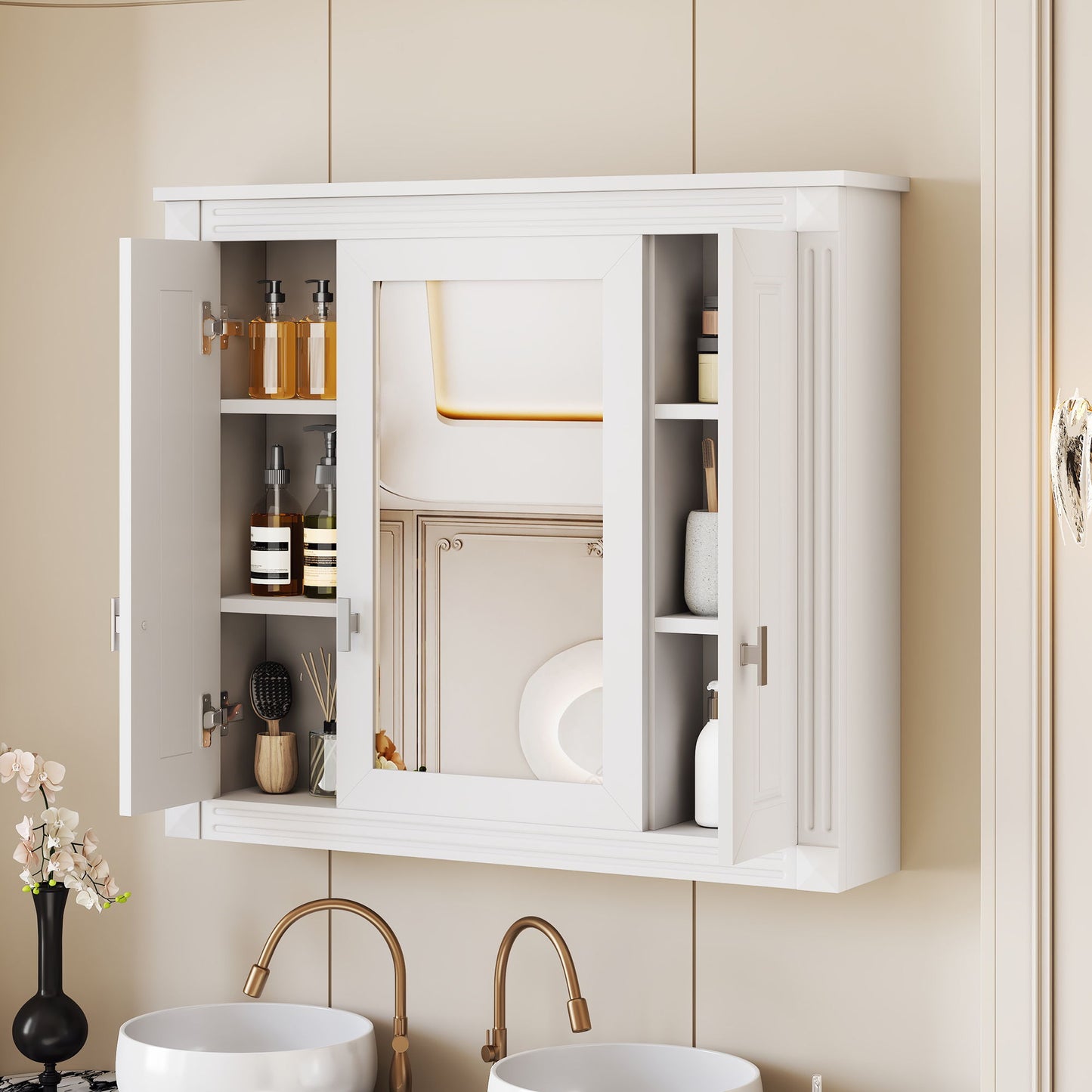 Wall Mounted Bathroom Cabinet With Mirror And 5 Shelves, Rectangular Design
