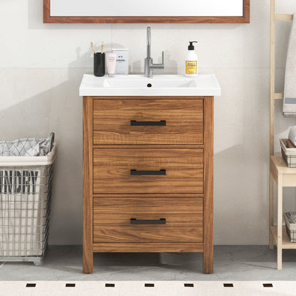 24'' Bathroom Vanity With Basin Sink, 3 Drawer Storage Cabinet - Natural Wood