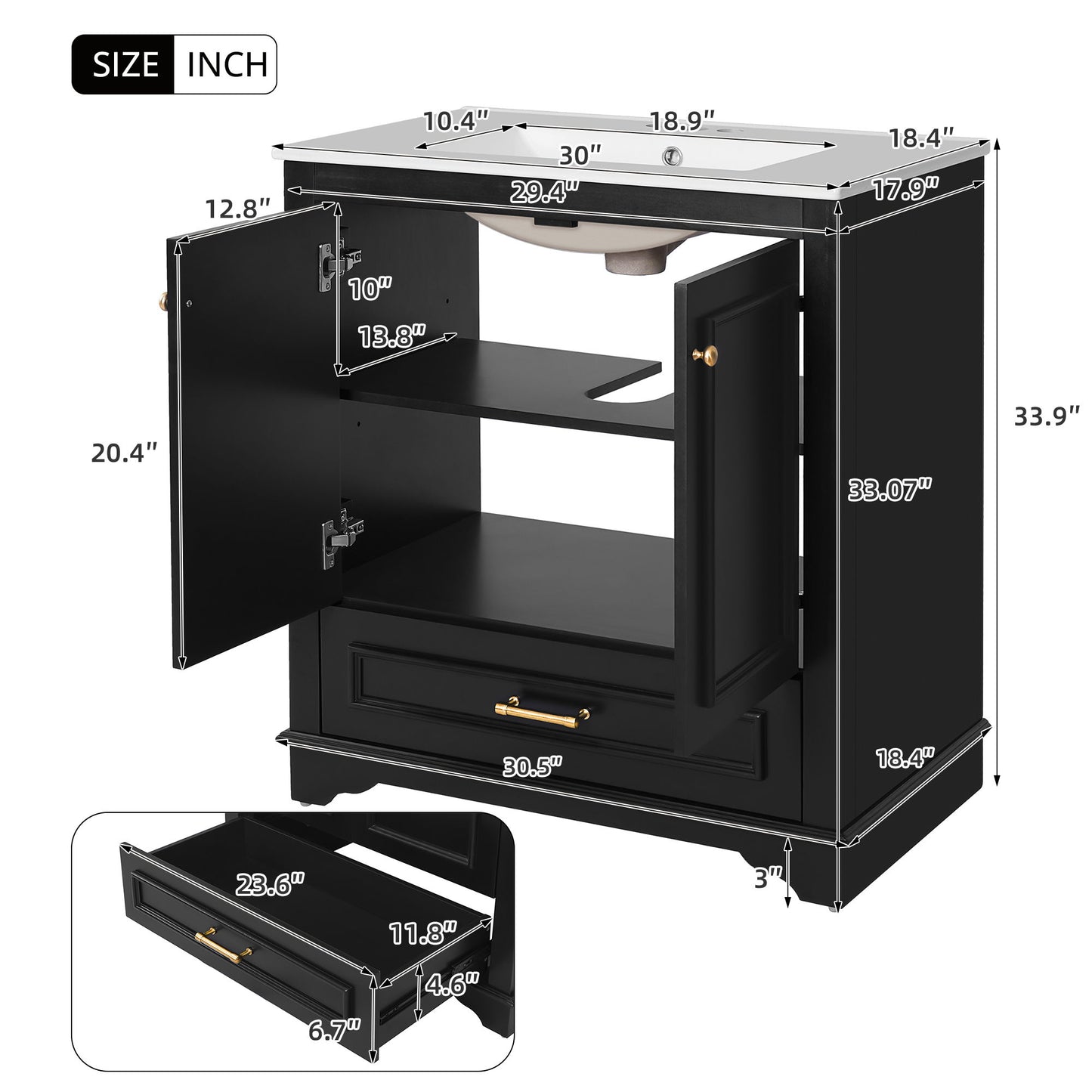 Bathroom Vanity With Sink, Cabinet & 2 Soft Closing Doors & Adjustable Shelf