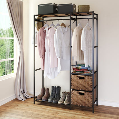Garment Rack With Shelves, 2 Wicker Drawers, 4 Hooks, Organizer