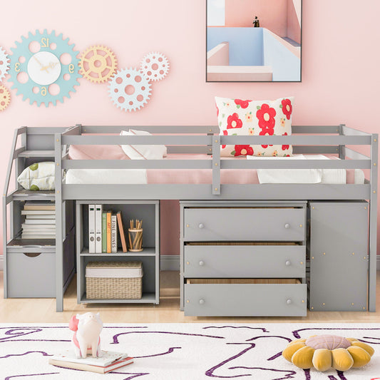 Loft Bed With Retractable Writing Desk And 3 Drawers With Storage Stairs And Shelves