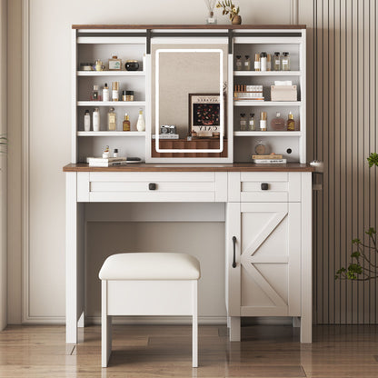 Rustic Farmhouse Makeup Vanity Desk With Sliding Mirror, LED Lights, And Charging Socket - White