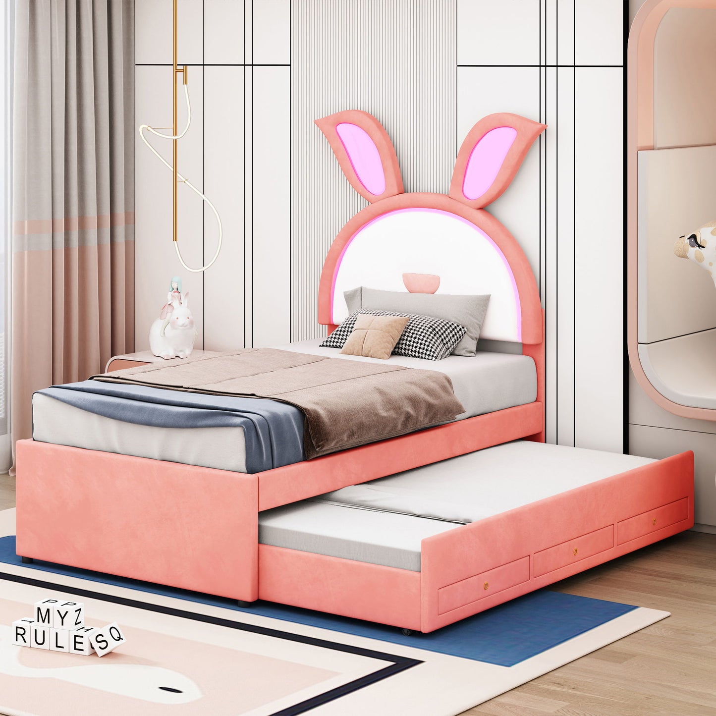 Upholstered Platform Bed With Trundle And 3 Drawers, Rabbit-Shaped Headboard With Embedded LED Lights