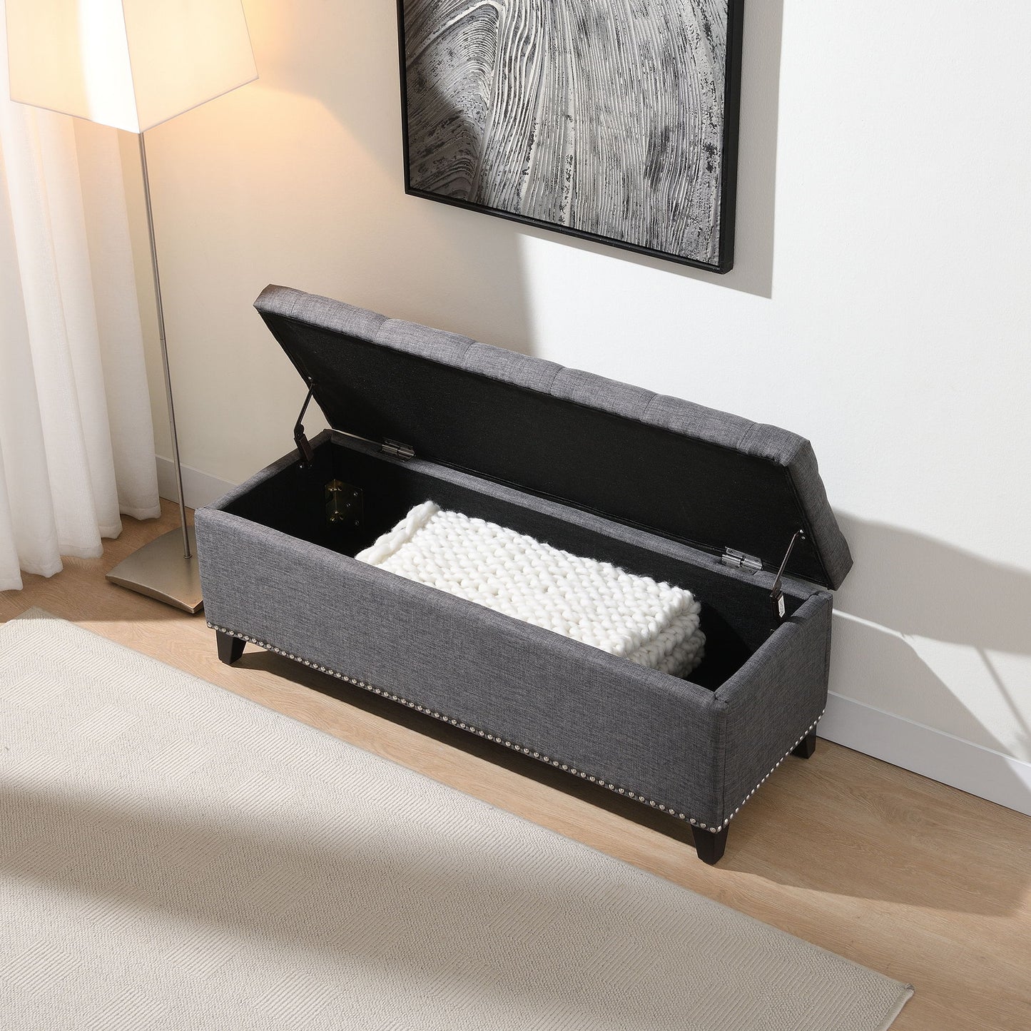 Button-Tufted Storage Ottoman With Safety Close Hinge