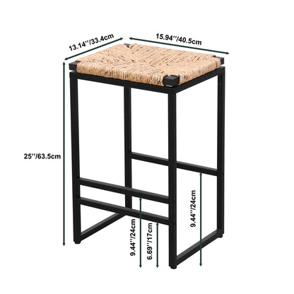 (Set of 2) Backless Water Hyacinth Woven Bar Stools With Footrest, Natural Finish, Metal Frame, 25" Height