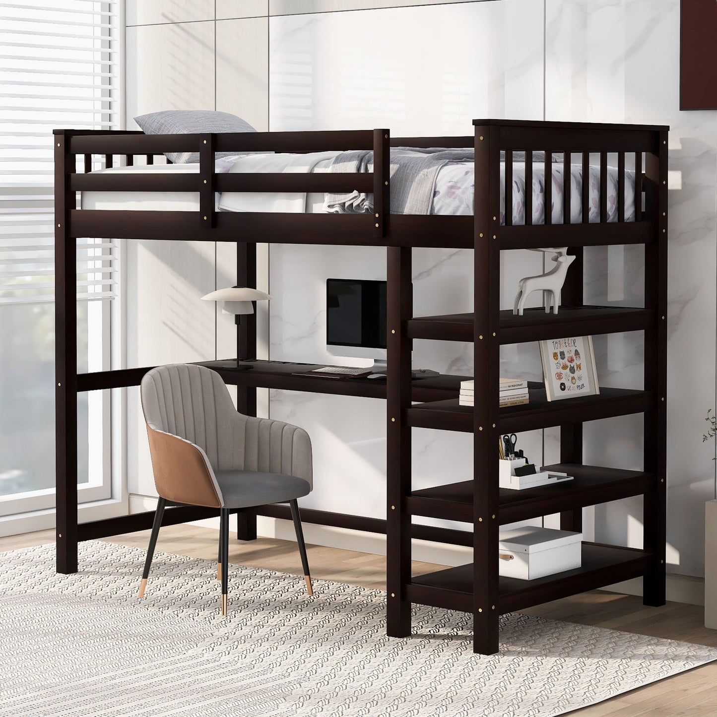 Loft Bed With Storage Shelves And Under Bed Desk