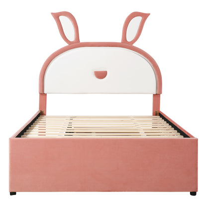 Upholstered Platform Bed With Trundle And 3 Drawers, Rabbit-Shaped Headboard With Embedded LED Lights