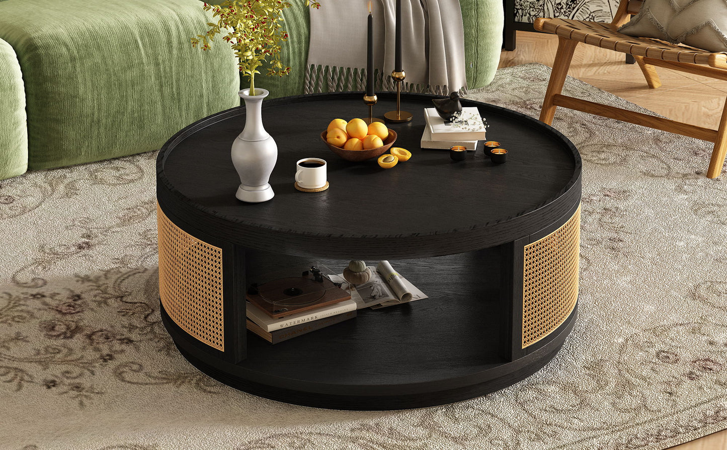 Round Cane Coffee Table With Rattan Side