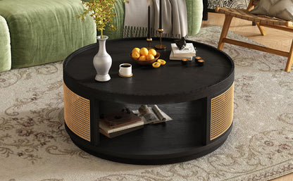 Round Cane Coffee Table With Rattan Side