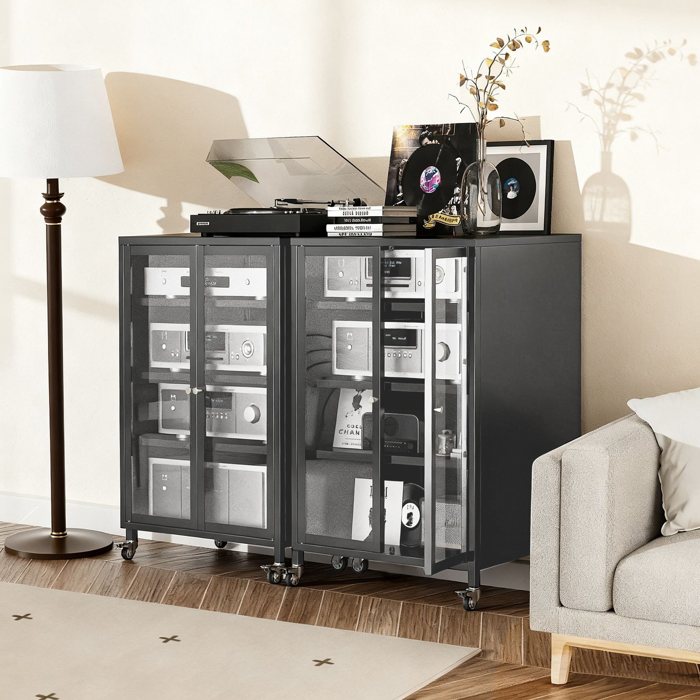 Media Storage Cabinet With Wheels, 4 Adjustable Glass Shelves & Door, Heavy-Duty - Black