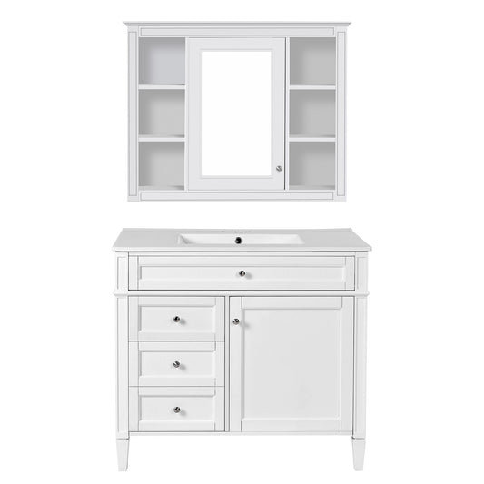 Bathroom Vanity With Mirror Cabinet, Single Sink With 2 Soft Closing Doors And 4 Drawers