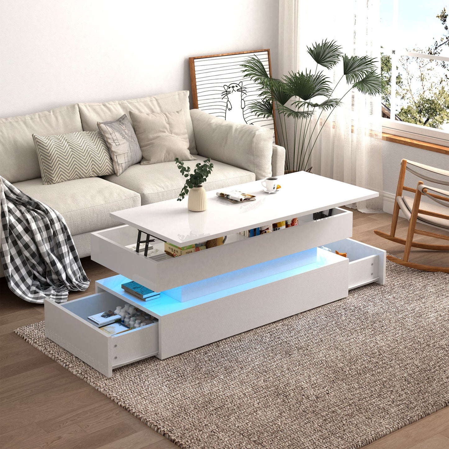 Contemporary Foldable Coffee Table With Drawers And LED, 3 Tier Design