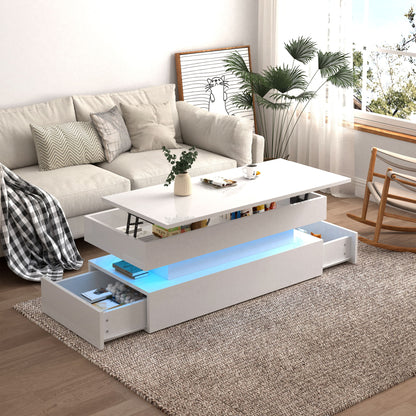 Contemporary Foldable Coffee Table With Drawers And LED, 3 Tier Design