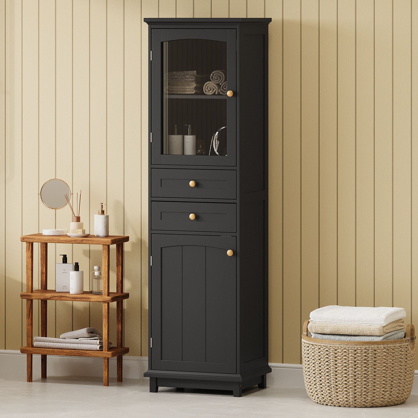 Tall Bathroom Storage Cabinet With Glass Doors, Free-Standing, Two Drawers, And Adjustable Shelves, Board, Painted Perfect For Displaying Your Favorite Items