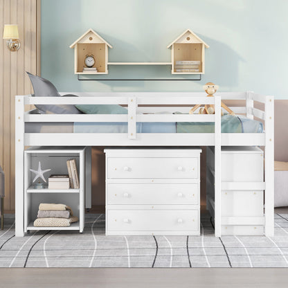 Loft Low Study Bed With Cabinet, Shelves And Rolling Portable Desk, Multiple Functions